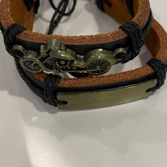 Motorcycle genuine Leather Bracelets set of 2 With Adjustable Cord bikerco - Picture 4 of 11